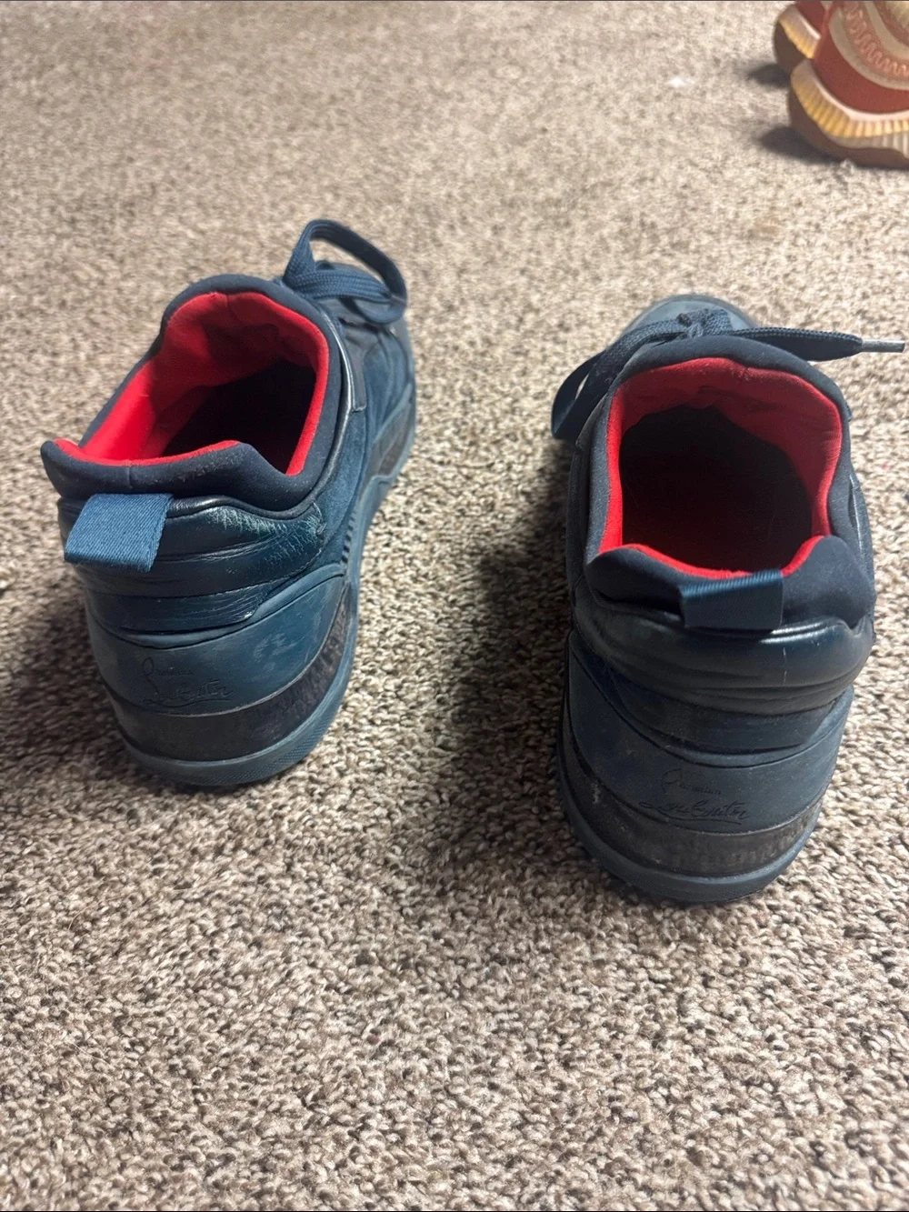 Men's Louboutins Navy Suede Low-Top Sneakers with Red Lining